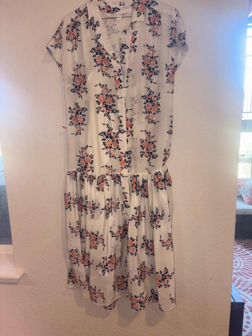 Veronica Beard White Floral cuff sleeve Midi Dress